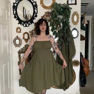 Romantic Olive Linen Midi Dress